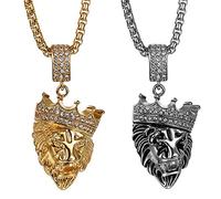 JewelryWe Pack of 2 Crown Lion Head Pendant Stainless Steel Men's Necklaces Punk Rock Style