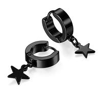 JewelryWe Pair of Mens Womens Polished Stainless Steel Star Dangle Small Hoop Huggie Earrings, 2pcs, Black