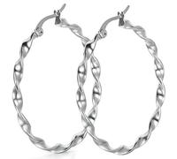 JewelryWe Pair of Silver Stainless Steel Twisted Rounded Hoop Earrings Set (40mm Diameter)