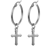 JewelryWe Pair of Stainless Steel Dangle Cross Hoop Earrings 2pcs, Silver