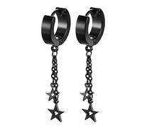 JewelryWe Pair of Unisex Hoop Earrings Pentacle Star Pendant Charm Stainless Steel Drop Earring For Men and Women(Black)