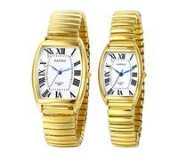 JewelryWe Pair of Watches Analogue Quartz Couple Watch Classic Rectangular Elastic Alloy Bracelet Partner Friendship Watch with Roman Numerals / Digital Dial Gold/Silver, 1-Gold Roman Numerals Pair