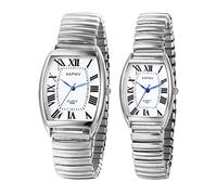 JewelryWe Pair of Watches Analogue Quartz Couple Watch Classic Rectangular Elastic Alloy Bracelet Partner Friendship Watch with Roman Numerals / Digital Dial Gold/Silver, 1-silver-roman numeral-pair