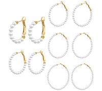 JewelryWe Pearl Hoop Earrings for Women: 5 Pack Gold Plated Round Circle Pearl Drop Hoop Earrings - Birthday Christmas Gifts for Women Girls Party