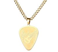 JewelryWe Personalized Guitar Pick Necklace: Men Women Custom Engraved Stainless Steel Cuban Chain Unisex 3D Music Note Polished Back Pendant Unique Music Gift