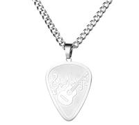 JewelryWe Personalized Guitar Pick Necklace: Men Women Custom Engraved Stainless Steel Cuban Chain Unisex 3D Music Note Polished Back Pendant Unique Music Gift