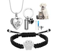 JewelryWe Pet Cremation Jewelry Set: 3 Pcs Stainless Steel Heart Pet Cats Dogs Urn Necklace Adjustable Paw Bracelet Memorial Ashes Keychain with Filling Kit