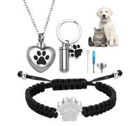 JewelryWe Pet Cremation Jewelry Set: 3 Pcs Stainless Steel Heart Pet Cats Dogs Urn Necklace Adjustable Paw Bracelet Memorial Ashes Keychain with Filling Kit