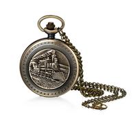 JewelryWe Pocket Watches for Men: Unisex Vintage Bronze Steampunk Train Quartz Analog Arabic Numerals Women Chain Necklace Hunter Watch