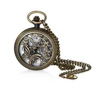JewelryWe Pocket Watches for Women: Unisex Vintage Bronze Steampunk Skeleton Butterfly Quartz Analog Arabic Numerals Men Chain Necklace Hunter Watch