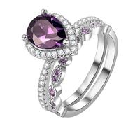 JewelryWe Promise Rings for Women - Purple Amethyst Stackable Teardrop Cubic Zirconia Eternity Wedding Ring Set Romantic Jewelry Gift for Girlfriend Wife Anniversary
