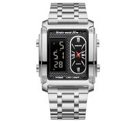 JewelryWe Rectangle Sports Wrist Watches: Men Multifunctional Digital Alarm Stopwatch 3 ATM Waterproof Luminous Silver Stainless Steel Strap Square Dial Dual Movement Valentine's Day Jewelry Gift