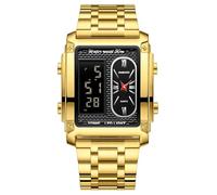 JewelryWe Rectangle Sports Wrist Watches: Men Multifunctional Digital Alarm Stopwatch 3 ATM Waterproof Luminous Gold Stainless Steel Strap Square Dial Dual Movement Valentine's Day Jewelry Gift