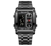 JewelryWe Rectangle Sports Wrist Watches: Men Multifunctional Digital Alarm Stopwatch 3 ATM Waterproof Luminous Black Stainless Steel Strap Square Dial Dual Movement Valentine's Day Jewelry Gift