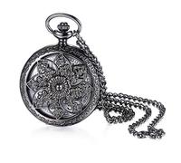 JewelryWe Retro Bronze Flower Openwork Cover Quartz Pocket Watch with 32.3 Inch Chain