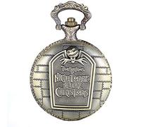 JewelryWe Retro Bronze Tim Burton's Nightmare Before Christmas Engraved Quartz Pocket Watch Necklace Locket Pendant 31" Chain