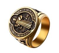 JewelryWe Saint Benedict Medal Ring: Men Gold Stainless Steel Catholic Signet Ring Religious Cross Exorcism Jewelry Gift Rings Size P1/2-Z1/2