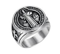 JewelryWe Saint Benedict Medal Ring: Men's Stainless Steel Catholic St. Benedict Signet Cross Exorcism Amulet Jewelry Religious Rings Size P-Z