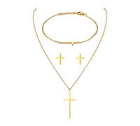 JewelryWe Schmuck Damen Armband Halskette Ohrringe Schmuckset Edelstahl Kreuz Lebensbaum Sperren Anhänger mit Kette, Armkette & Ohrstecker Set für Frau Mädchen Silber/Gold