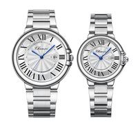 JewelryWe Silver Couple Watches Set: Round Analog Quartz Calendar Stainless Steel Casual Business Dress Wristwatch for Men Women