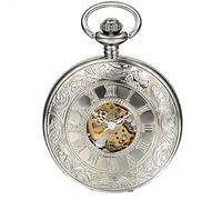 JewelryWe Silver Half Hunter Classic Hand Wind Mechanical Roman Pocket Watch with 15" Chain