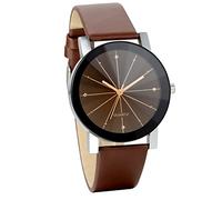 JewelryWe Simple Round Black Dial Wristwatch Brown Leather Strap Quartz Watch for Men