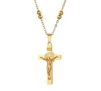 JewelryWe St Benedict Crucifix Necklace: INRI Jesus Cross Pendant with Beaded Chain Stainless Steel Catholic Religious Protection Jewelry for Women