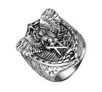 JewelryWe St Michael Archangel Ring: Silver Stainless Steel Shield Knight Signet Rings Catholic Faith Jewelry with Blessing Card For Men