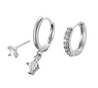 JewelryWe Stacking Hoop Earrings Set: 3-Piece Zirconia Embellished Dangle Earrings Layered Ear Jewelry for Women