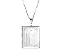 JewelryWe Stainless Steel Open Photo Locket Necklace - Amulet - Silver/Gold - Square - Book - Necklace for Men and Women - Free Engraving, Stainless Steel