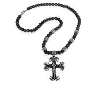 JewelryWe Stainless Steel Skull Pendant Biker Men’s Necklace, Black Pearl Necklace Silver Jesus Christ Crucifix Celtic Cross Pendant with Lava Vulkaint