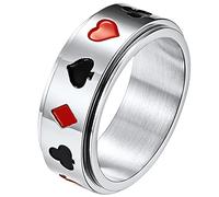 JewelryWe Stainless Steel Spinner Playing Poker Card Ring Rotating Anxiety Relief Ring Fidget Ring Bands for Men Women,Silver (US11)