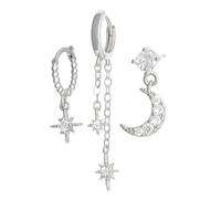 JewelryWe Star and Moon Earrings Set: 3 Piece Zirconia Embellished Stacking Dangle Hoop Earrings for Women