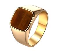 JewelryWe Tiger Eye Signet Ring: Men’s Gold Square Stainless Steel Anniversary Birthday Gift Gemstone Rings Wedding Band