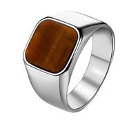 JewelryWe Tiger Eye Signet Ring: Men’s Silver Square Stainless Steel Anniversary Birthday Gift Gemstone Rings Wedding Band