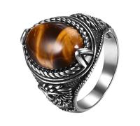 JewelryWe Tiger Eye Stone Rings: Men Vintage Cast Stainless Steel Oval Signet Thumb Women Biker Cocktail Party Ring Jewelry Gift for Dad Sizes 8-13