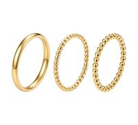 JewelryWe Triple Stack Band Rings: Gold Stainless Steel 3 Piece Ring Set Twisted Beaded Plain Stackable Jewelry Size 8