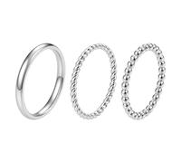 JewelryWe Triple Stack Band Rings: Silver Stainless Steel 3 Piece Ring Set Twisted Beaded Plain Stackable Jewelry Size 6