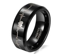 JewelryWe Tungsten Love 8mm Black Comfort Fit Tungsten Carbide Ring With Laser Forever Love Design Ekg Heart Beat Men's Aniversary/Engagement/Wedding Band