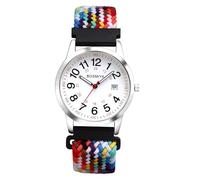 JewelryWe Unisex Braided Elastic Watch: 24-Hour Format Easy-to-Read Calendar Dial Quartz Wristwatch Black Strap with Silver Case