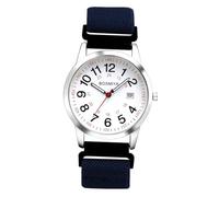 JewelryWe Unisex Braided Elastic Watch: 24-Hour Format Easy-to-Read Calendar Dial Quartz Wristwatch Deep-Blue Strap with Silver Case