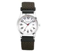 JewelryWe Unisex Braided Elastic Watch: 24-Hour Format Easy-to-Read Calendar Dial Quartz Wristwatch Gray-Green Strap with Silver Case