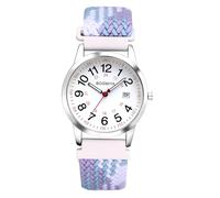JewelryWe Unisex Braided Elastic Watch: 24-Hour Format Easy-to-Read Calendar Dial Quartz Wristwatch White-Blue Strap with Silver Case
