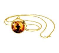 JewelryWe Unisex Gold Pocket Watch: Witch and Pumpkin Pattern Rotating Decoration Arabic Numeral Dial Analog Quartz Necklace Watches for Halloween