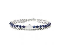 JewelryWe Unisex Natural Stone Cross Bracelet Steel Blue and Silver | Dual Strand Design, Beaded Chain Accent, Adjustable Slide Fit, Everyday Layering Piece