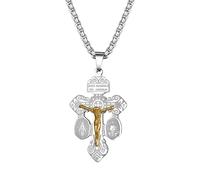 JewelryWe Unisex Pardon Crucifix Necklace: Catholic Jesus Cross Pendant Necklaces with St. Benedict and Miraculous Medal Stainless Steel Christian Religious Jewelry for Easter Baptism Confirmation