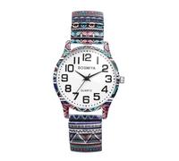 JewelryWe Unisex Stretch Band Watch: Men Women Quartz Analog Easy Reader Big Arabic Numbers Colorful Matrix Blue Patterns Casual Wristwatch