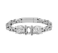 JewelryWe Viking Bracelet for Men - Stainless Steel Wolf Head Cuff with Byzantine Chain, Adjustable Nordic Bangle Punk Gothic Norse Pagan Jewelry, Silver