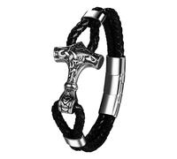 JewelryWe Viking Bracelets for Men: Thors Hammer Norse Amulet Mjolnir Cuff Heavy Stainless Steel Layered PU Magnetic Clasp Wristband Gift for Father Son Boyfriend