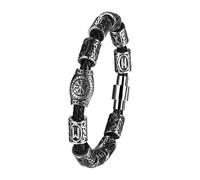 JewelryWe Viking Bracelets for Men: Vintage Silver Compass Rune Amulet Norse Norsemen Jewelry Stainless Steel Beads PU Leather Braided Wristband Nordic Pirate Gift